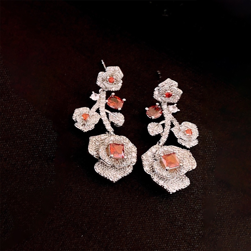 Crystal Floral Drop Earrings with Pink-Coral Stones